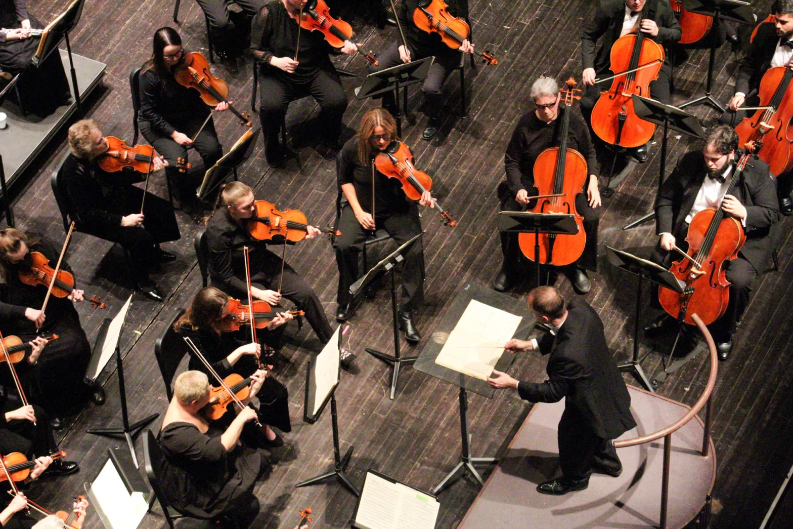 A bird's eye view of Kyle Wylie Pickett conducting the Springfield Symphony Orchestra